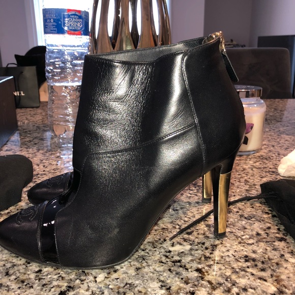 CHANEL Shoes - CHANEL LEATHER BOOTIES WITH LOGO TOE/GOLD HEEL